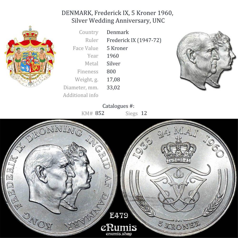 DENMARK, Frederick IX, 5 Kroner 1960, Silver Wedding Anniversary, UNC DENMARK, Frederick IX, 5 Kroner 1960, Silver Wedding Anniversary, UNC