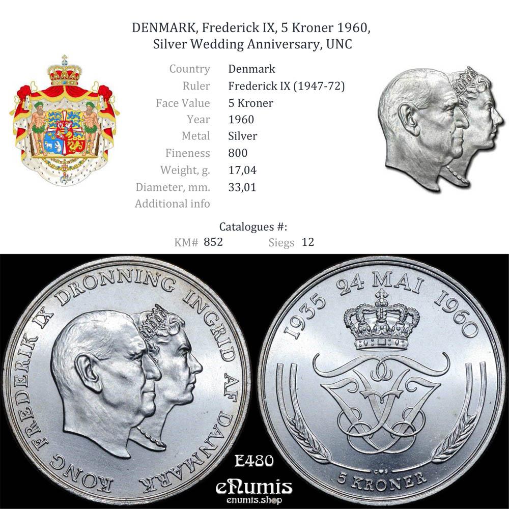 DENMARK, Frederick IX, 5 Kroner 1960, Silver Wedding Anniversary, UNC DENMARK, Frederick IX, 5 Kroner 1960, Silver Wedding Anniversary, UNC