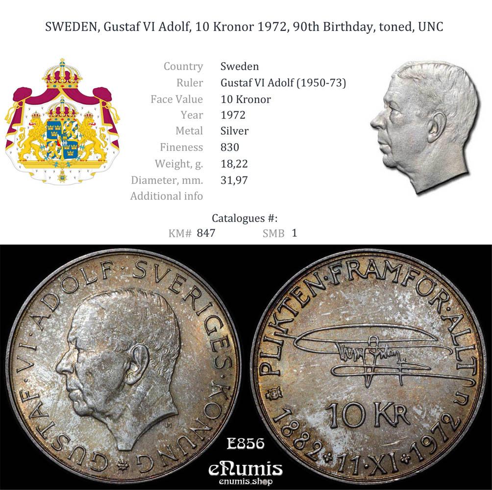 SWEDEN, Gustaf VI Adolf, 10 Kronor 1972, 90th Birthday, toned, UNC
