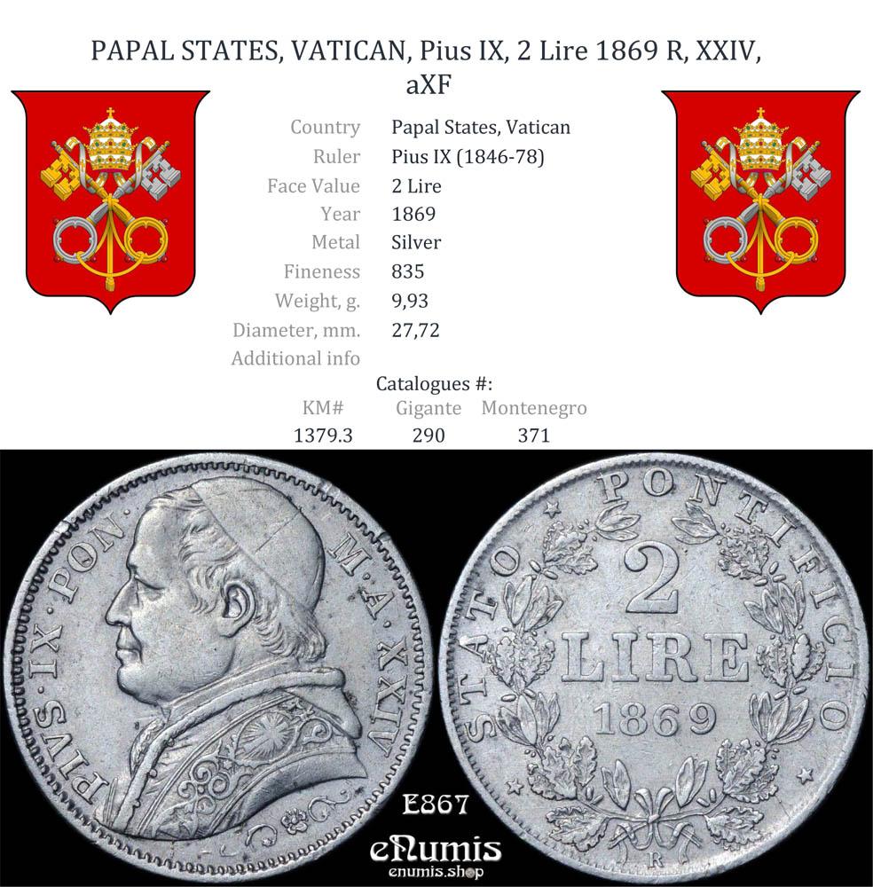 PAPAL STATES, VATICAN, Pius IX, 2 Lire 1869 R, XXIV, aXF