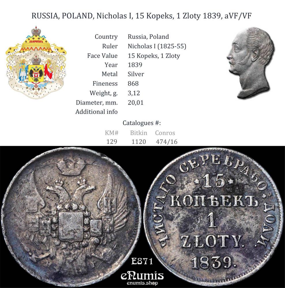RUSSIA, POLAND, Nicholas I, 15 Kopeks, 1 Zloty 1839, aVF/VF RUSSIA, POLAND, Nicholas I, 15 Kopeks, 1 Zloty 1839, aVF/VF