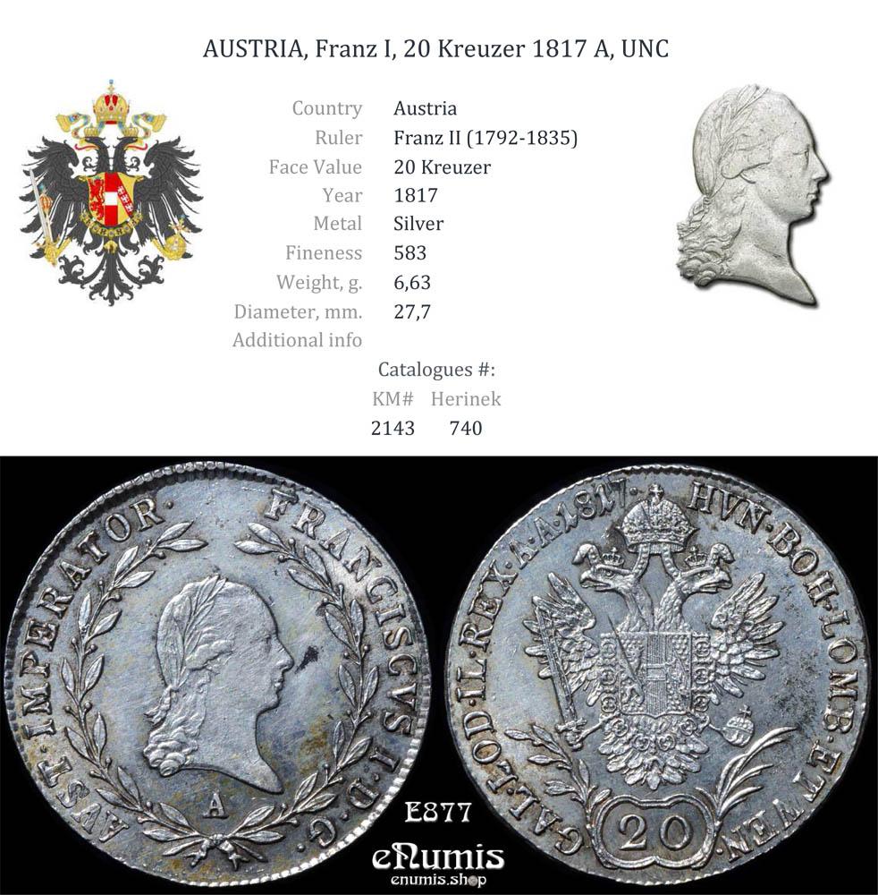 AUSTRIA, Franz I, 20 Kreuzer 1817 A, UNC
