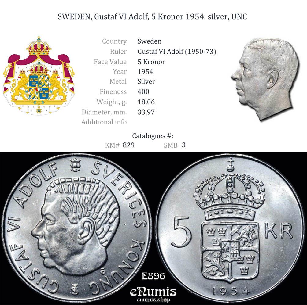 SWEDEN, Gustaf VI Adolf, 5 Kronor 1954, silver, UNC