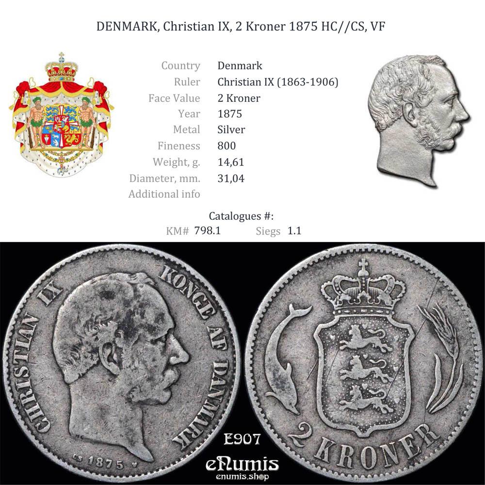 DENMARK, Christian IX, 2 Kroner 1875 HC//CS, VF