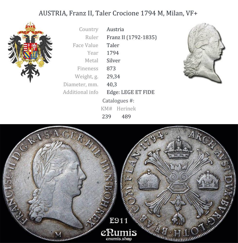 AUSTRIA, Franz II, Taler Crocione 1794 M, Milan, VF+