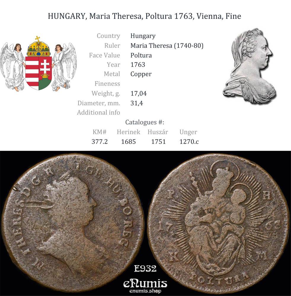 HUNGARY, Maria Theresa, Poltura 1763, Vienna, Fine HUNGARY, Maria Theresa, Poltura 1763, Vienna, Fine