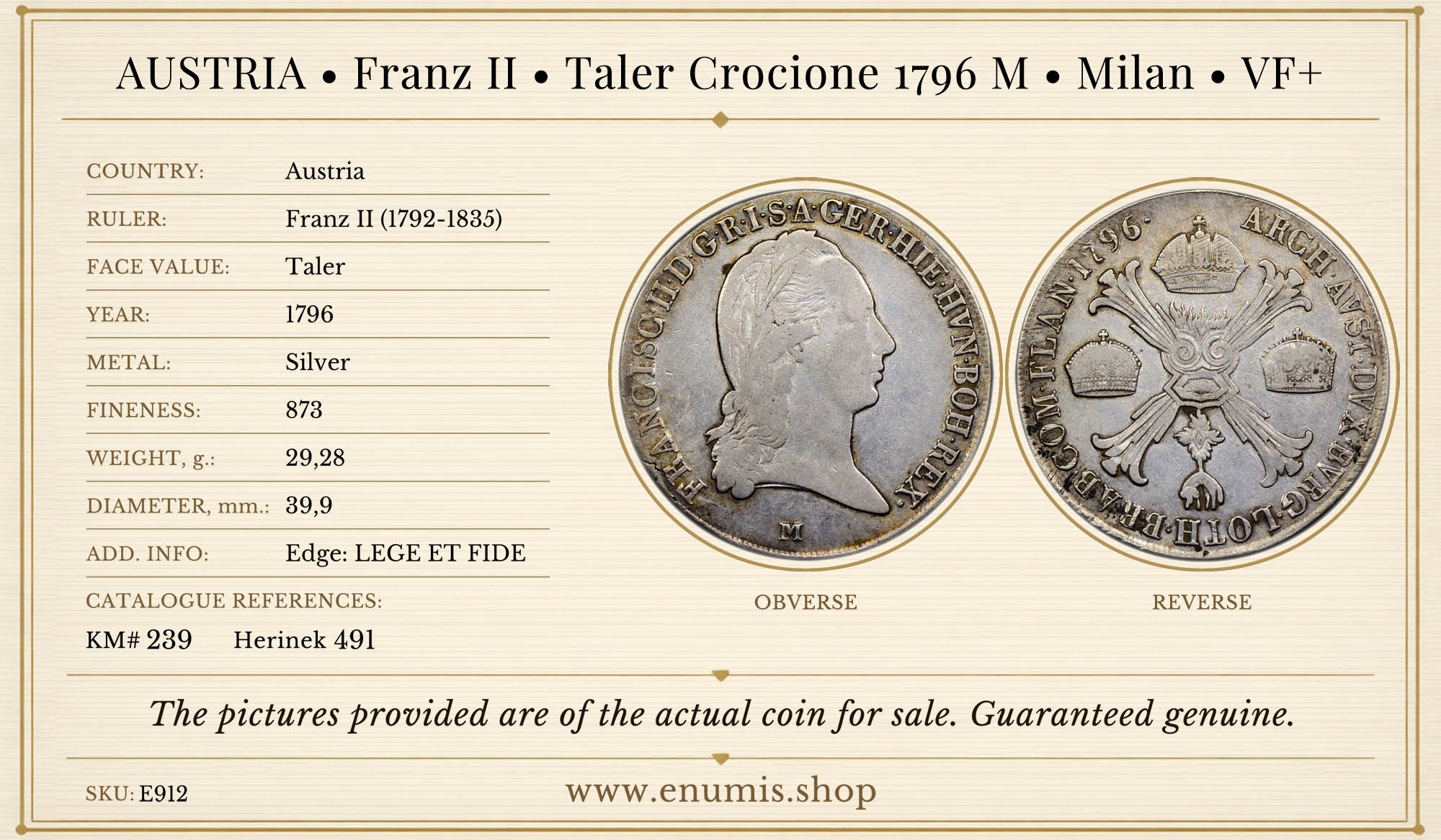 AUSTRIA, Franz II, Taler Crocione 1796 M, Milan, VF+ AUSTRIA, Franz II, Taler Crocione 1796 M, Milan, VF+