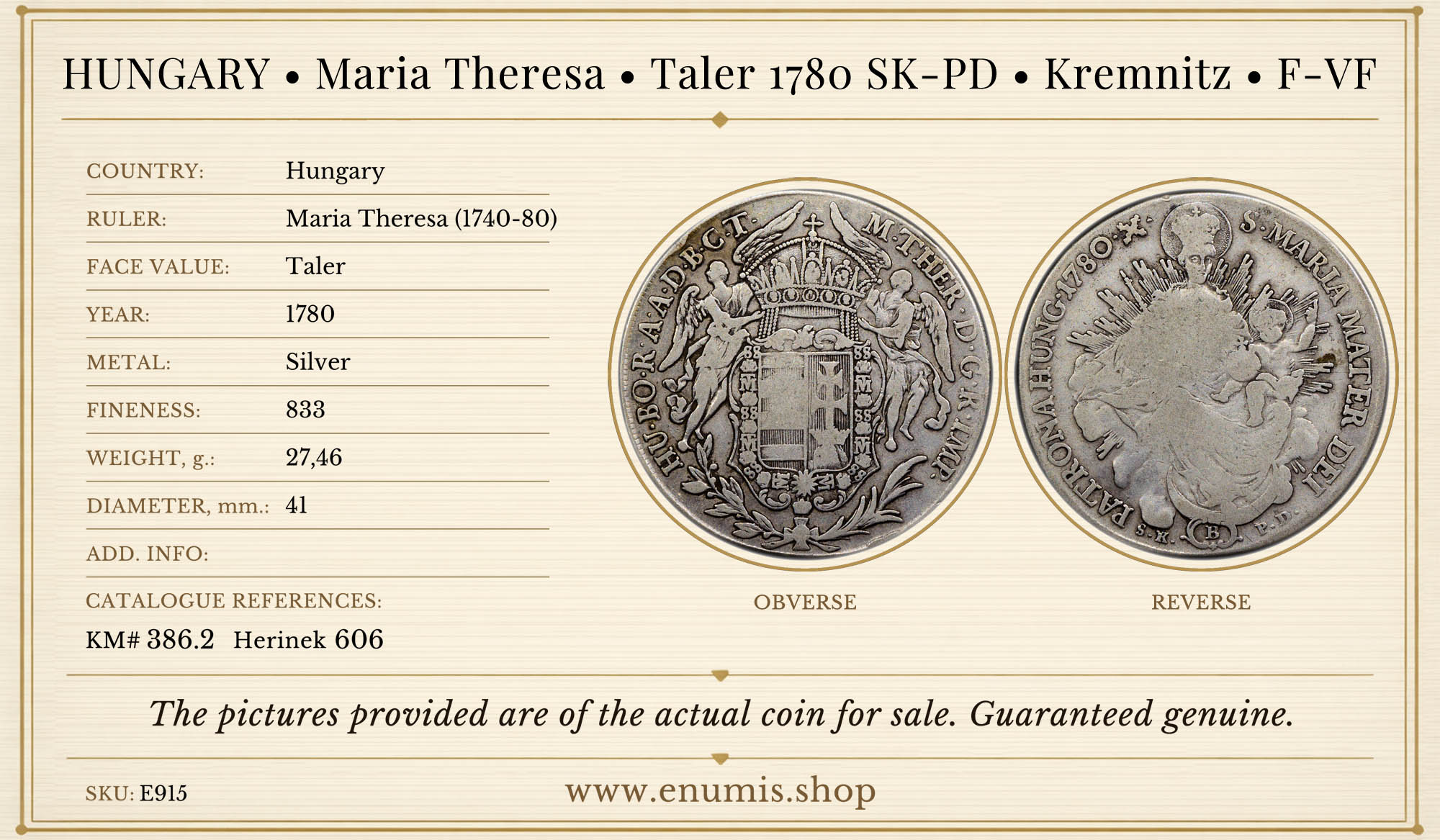 HUNGARY, Maria Theresa, Taler 1780 SK-PD, Kremnitz, F-VF HUNGARY, Maria Theresa, Taler 1780 SK-PD, Kremnitz, F-VF