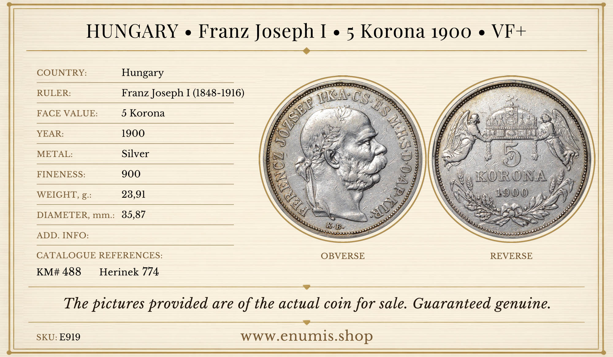 HUNGARY, Franz Joseph I, 5 Korona 1900, VF+