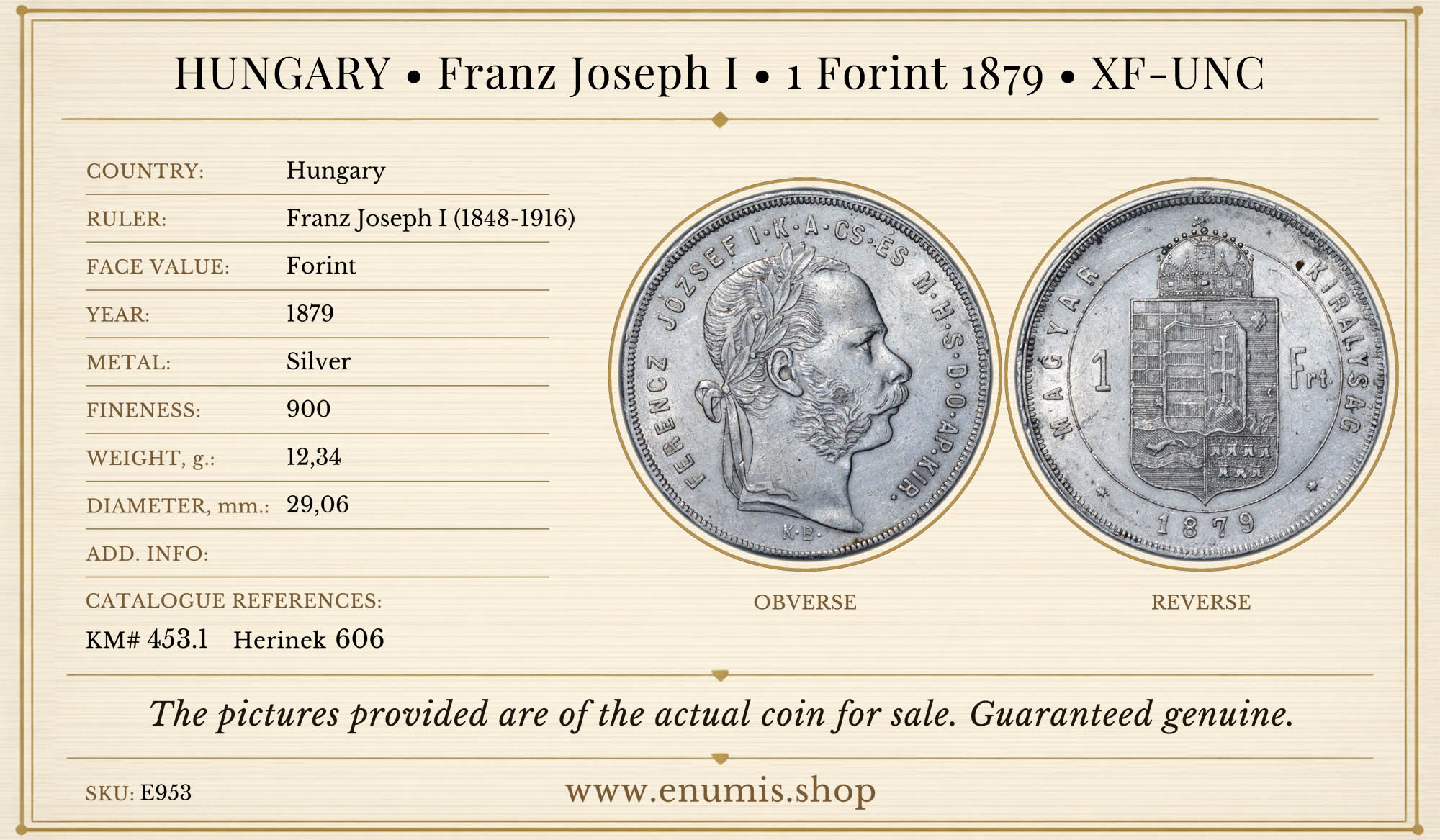 HUNGARY, Franz Joseph I, 1 Forint 1879, XF-UNC