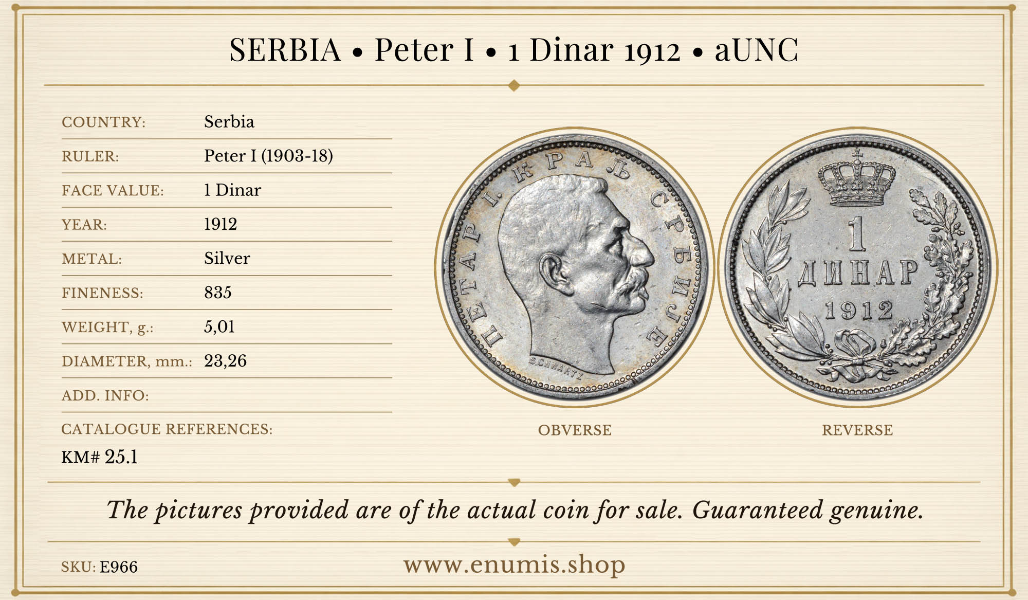SERBIA, Peter I, 1 Dinar 1912, aUNC