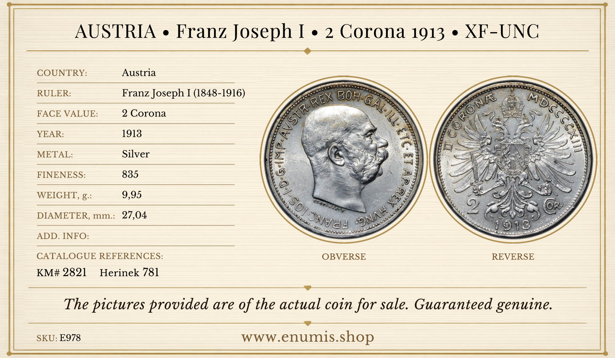 AUSTRIA, Franz Joseph I, 2 Corona 1913, XF-UNC