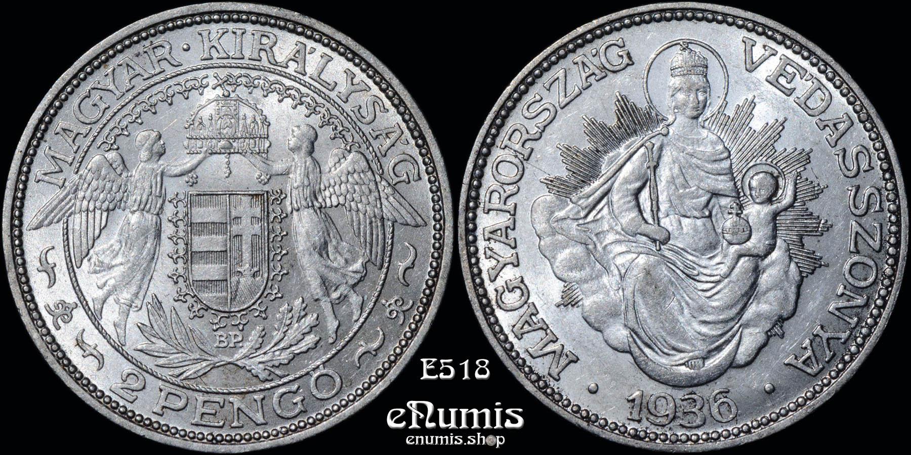 HUNGARY, 2 Pengo 1936, silver, better date, UNC
