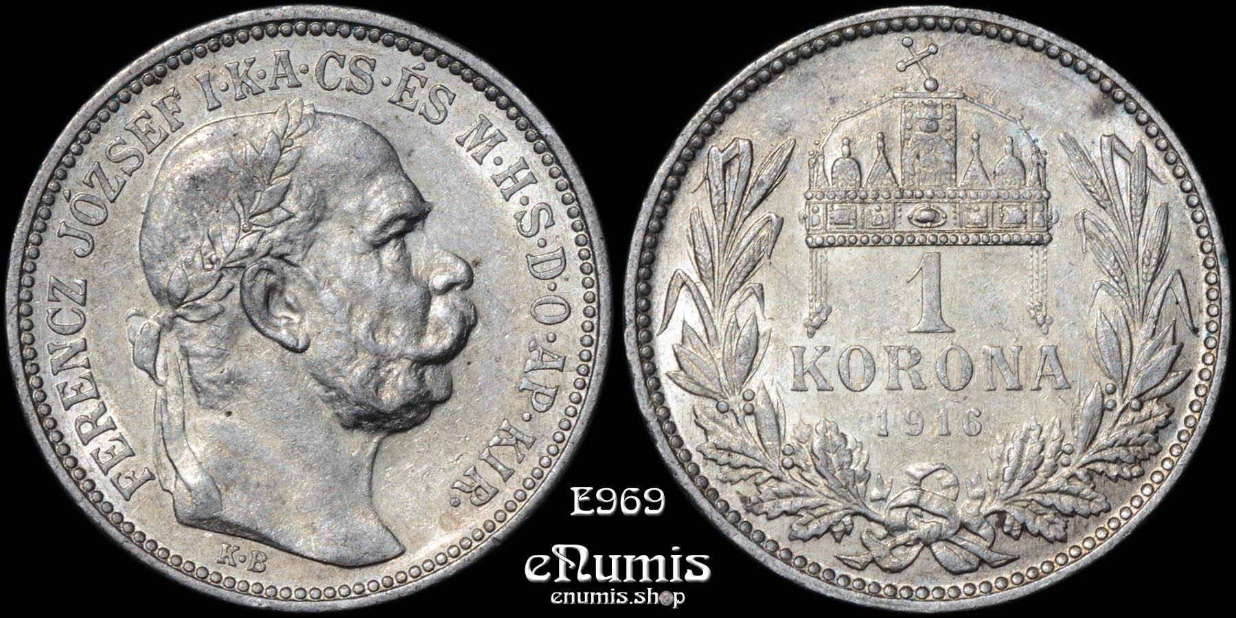 HUNGARY, Franz Joseph I, 1 Korona 1916, better date, XF-UNC