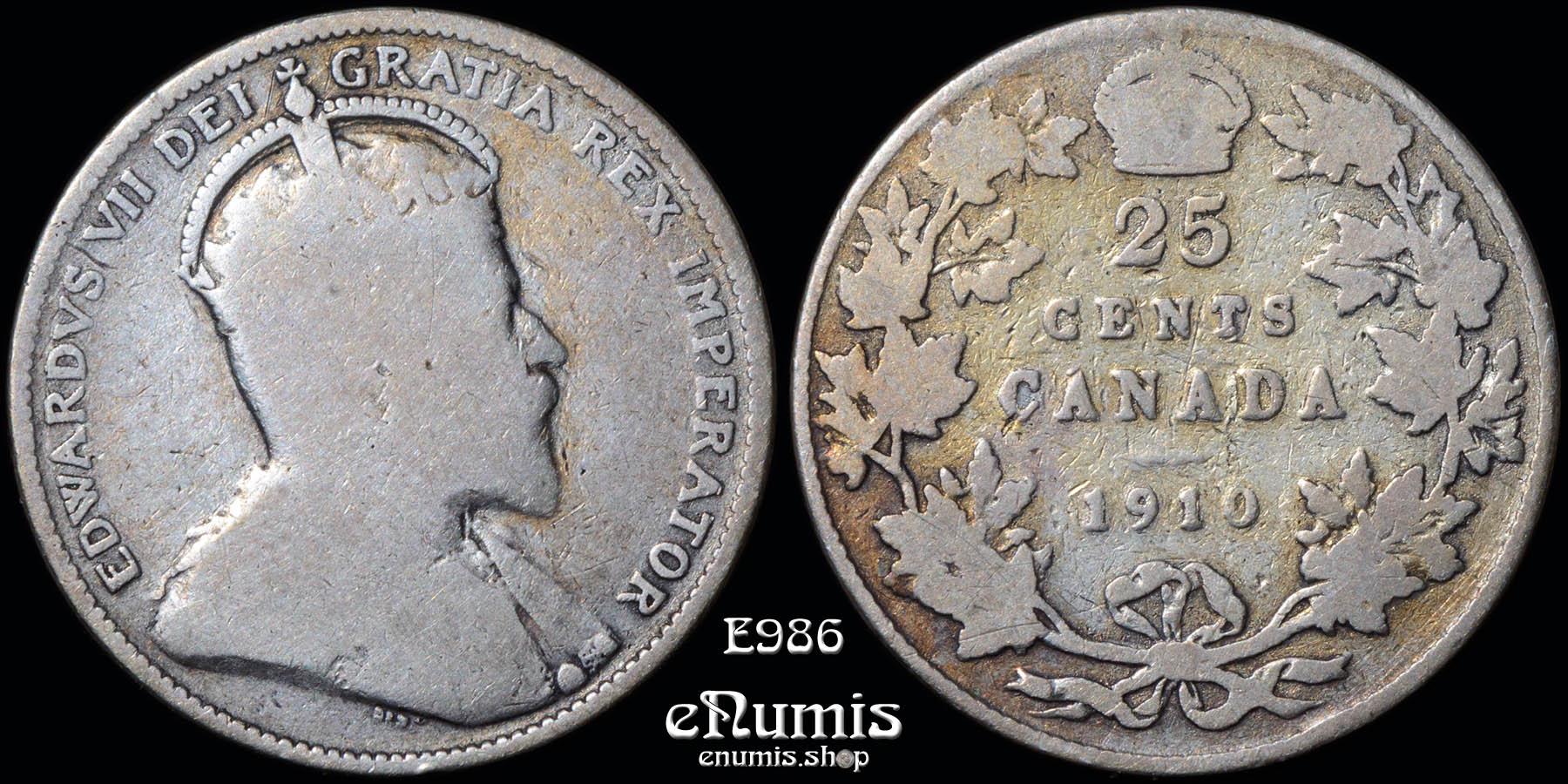 CANADA, Edward VII, 25 Cents 1910, one year type, Fine