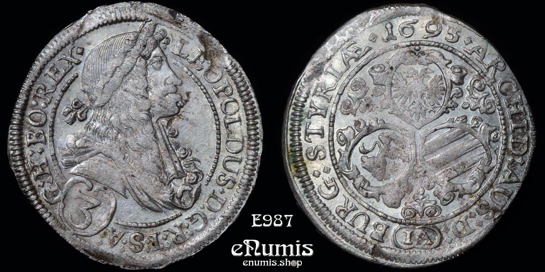AUSTRIA, Leopold I, 3 Kreuzer 1695 IA, Graz, aUNC AUSTRIA, Leopold I, 3 Kreuzer 1695 IA, Graz, aUNC