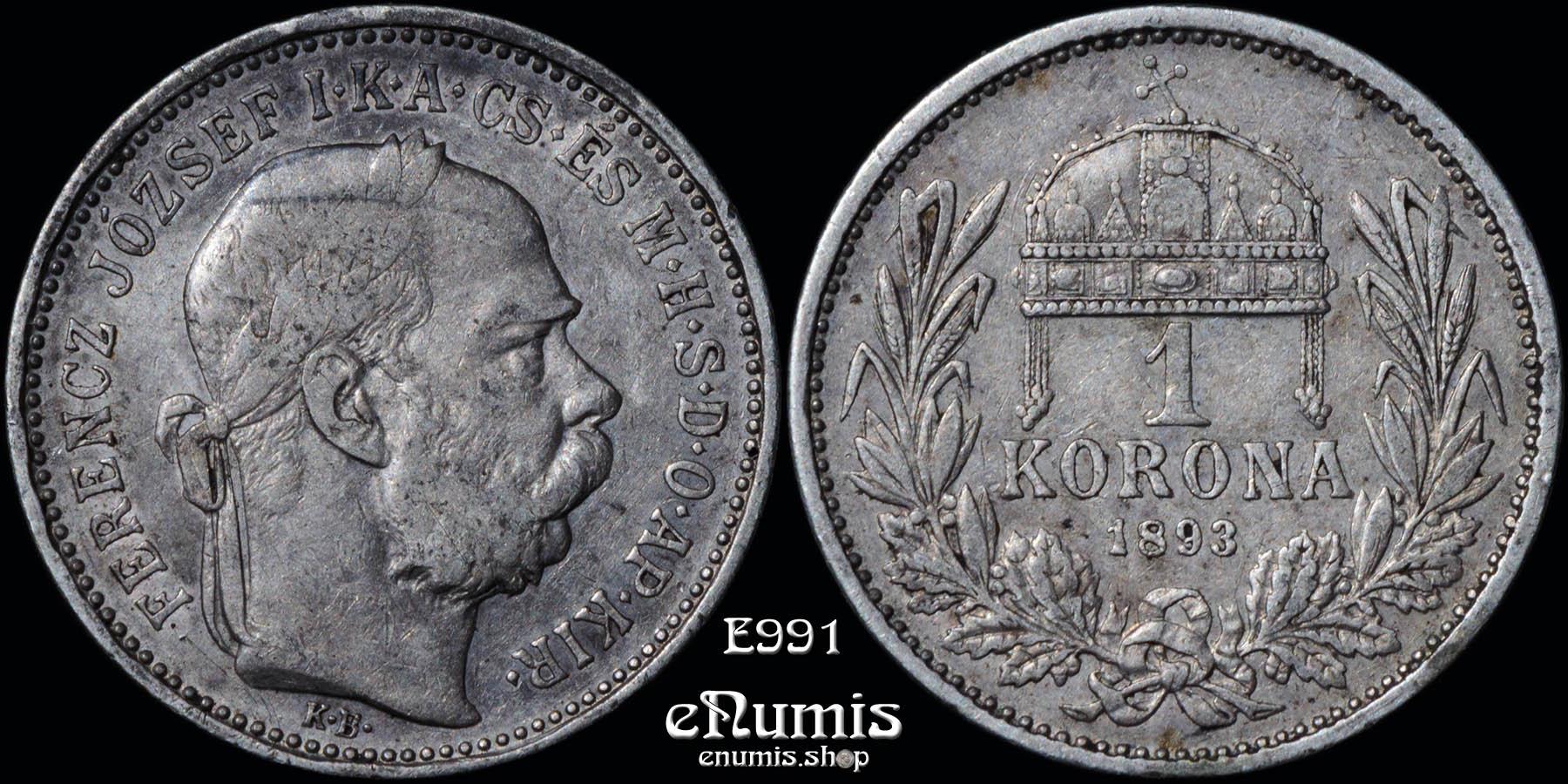 HUNGARY, Franz Joseph I, 1 Korona 1893, VF-XF