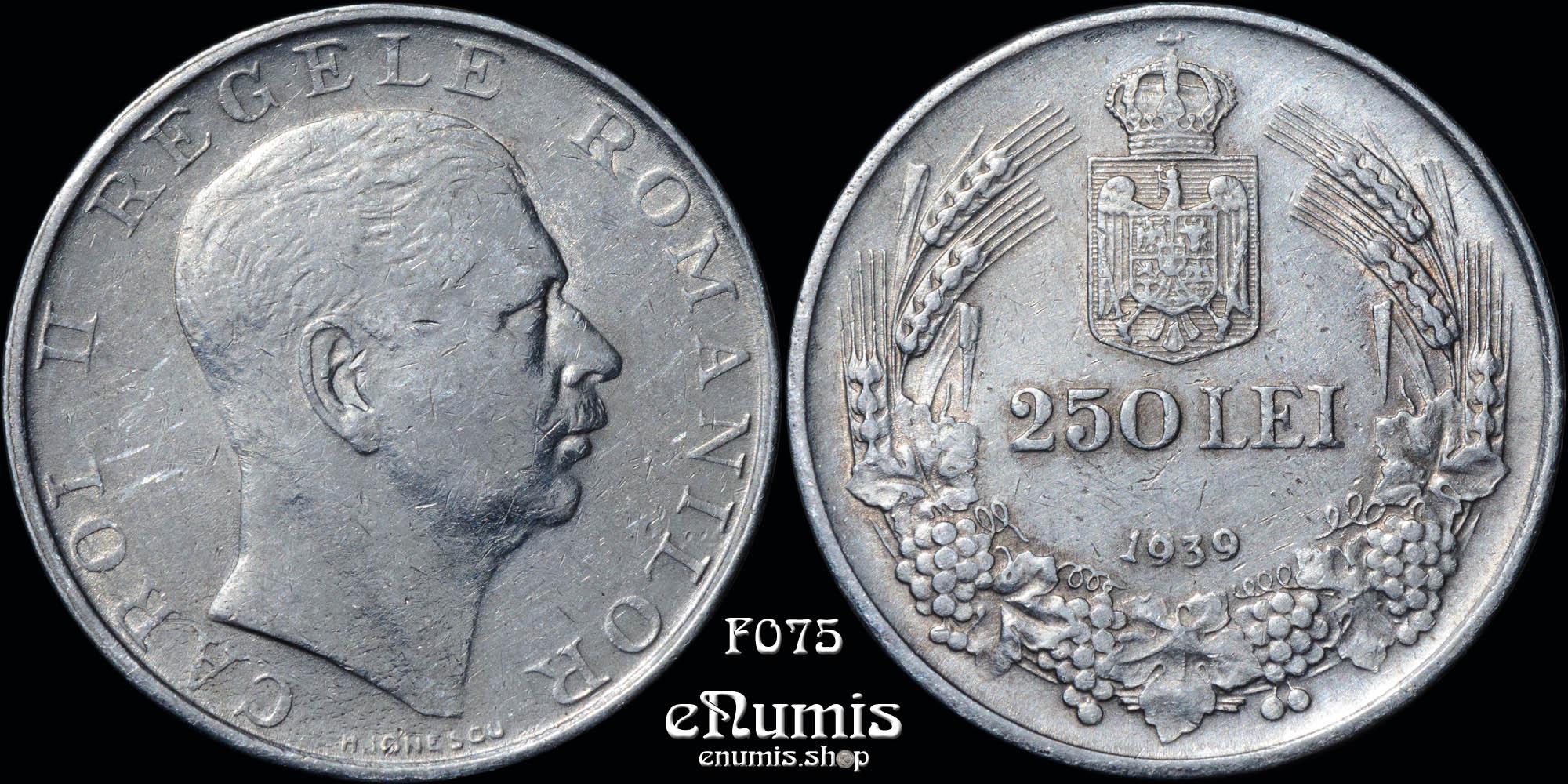 ROMANIA, Carol II, 250 Lei 1939, Silver, XF