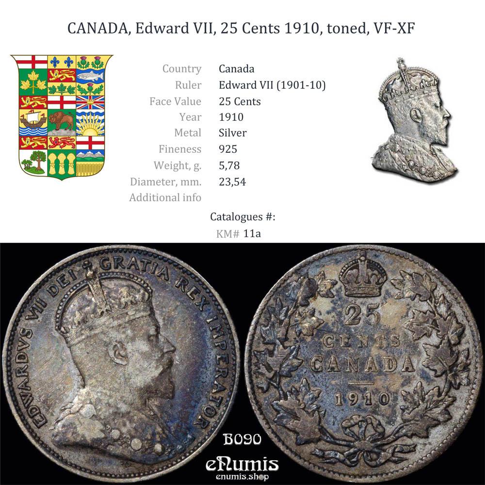 CANADA, Edward VII, 25 Cents 1910, toned, VF-XF