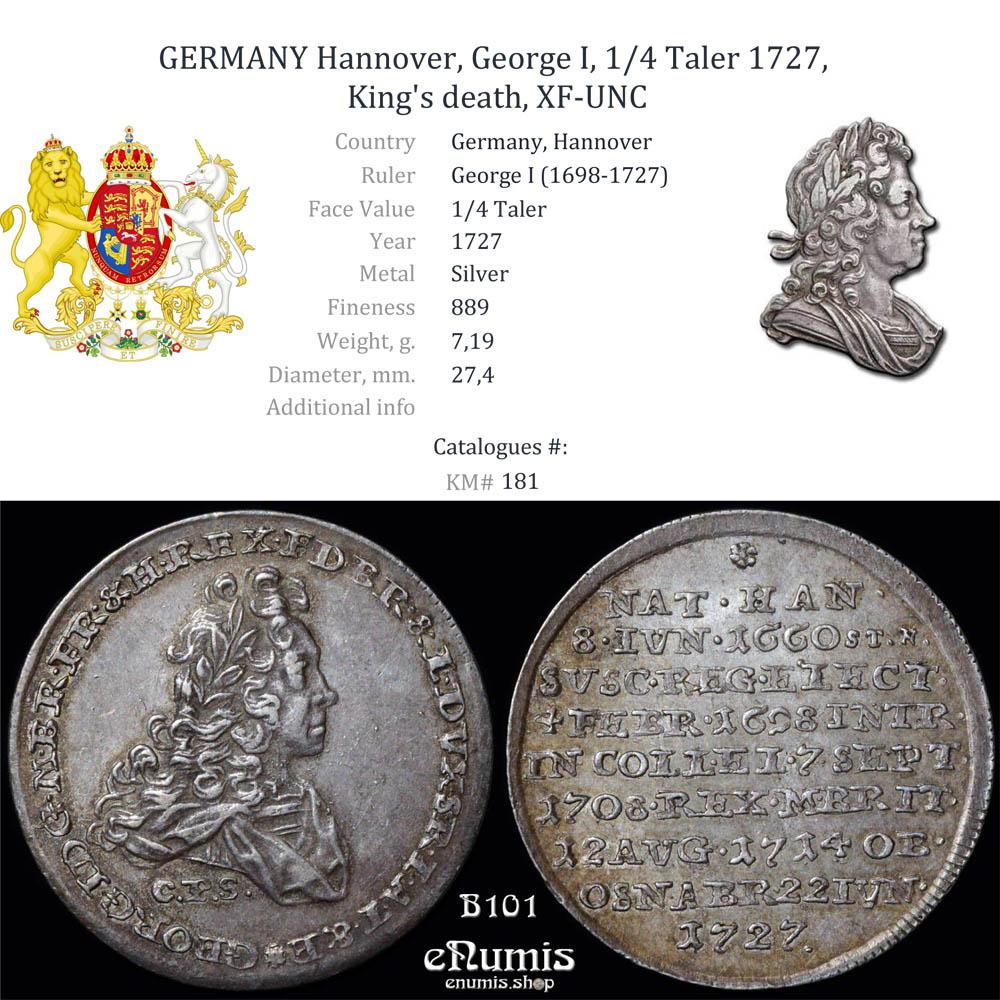 GERMANY Hannover, George I, 1/4 Taler 1727, King's death, XF-UNC