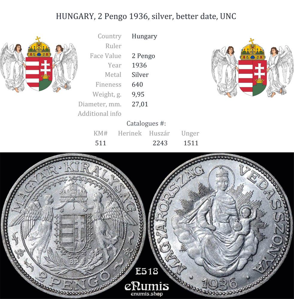 HUNGARY, 2 Pengo 1936, silver, better date, UNC