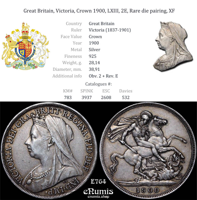Great Britain, Victoria, Crown 1900, LXIII, 2E, Rare die pairing, XF (Museum)