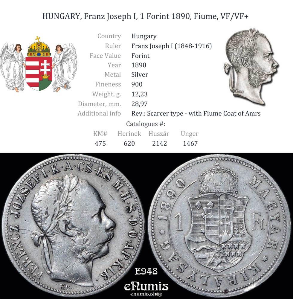 HUNGARY, Franz Joseph I, 1 Forint 1890, Fiume, VF/VF+