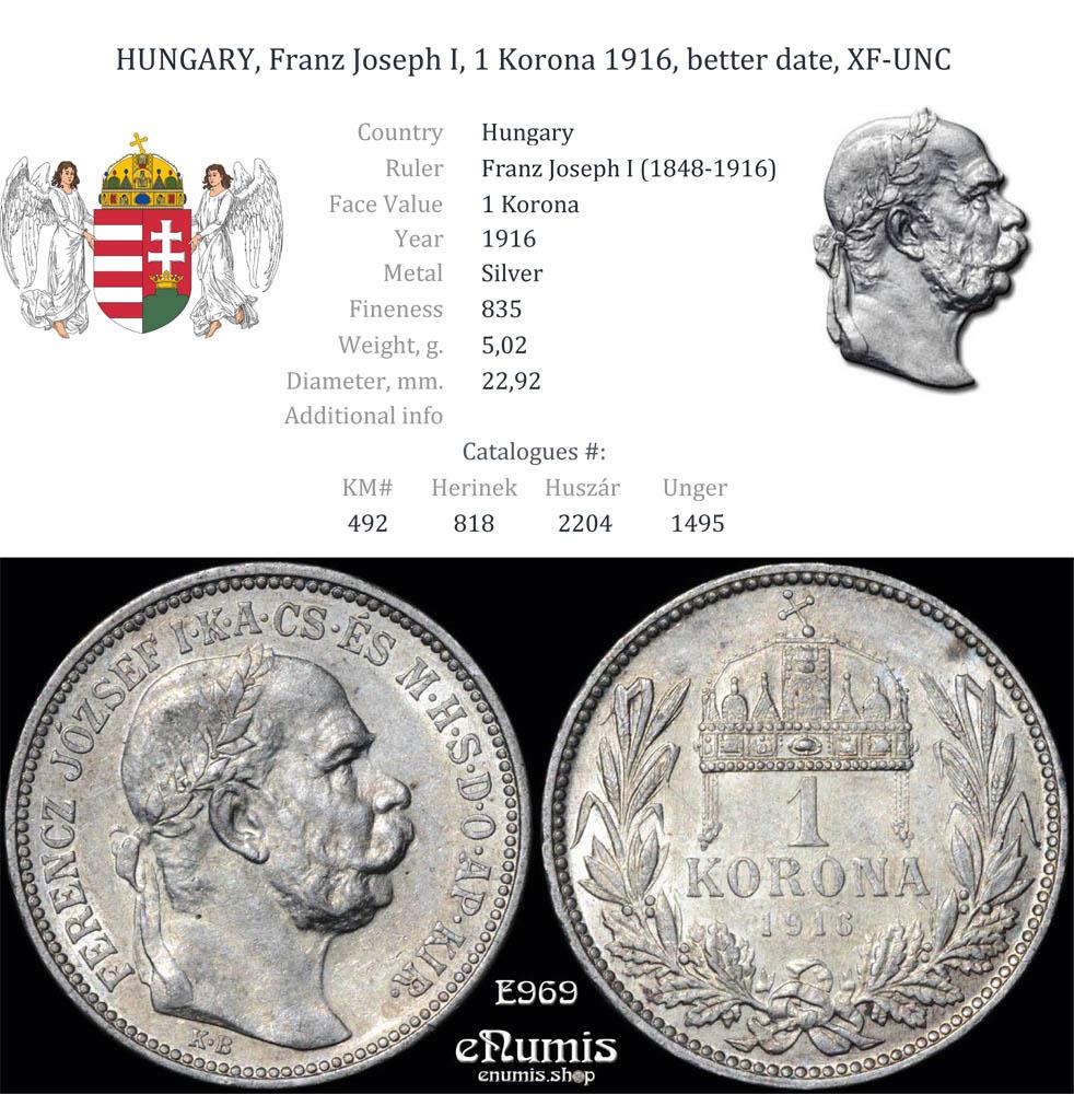 HUNGARY, Franz Joseph I, 1 Korona 1916, better date, XF-UNC