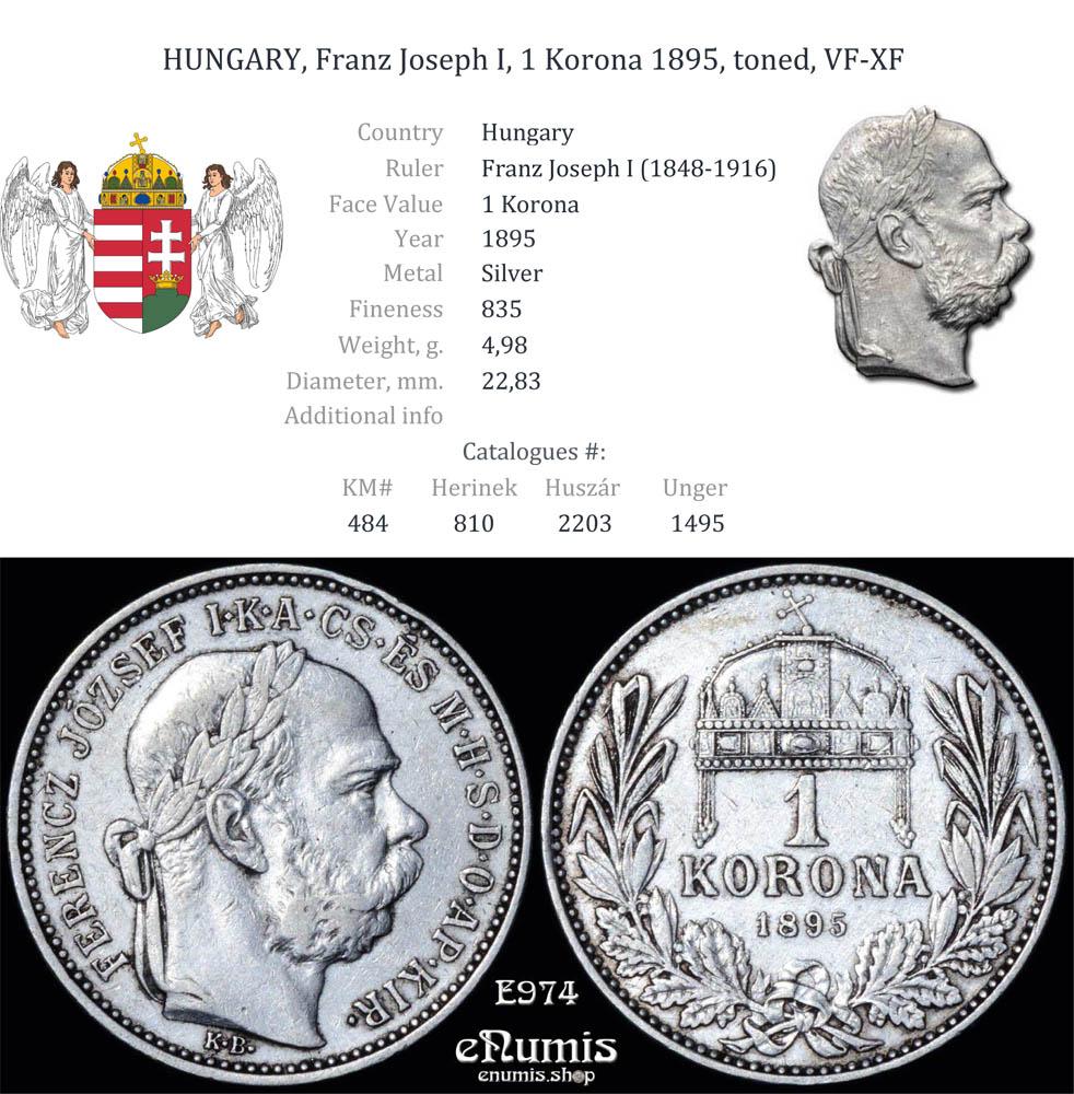 sE974 HUNGARY, Franz Joseph I, 1 Korona 1895, toned, VF-XF