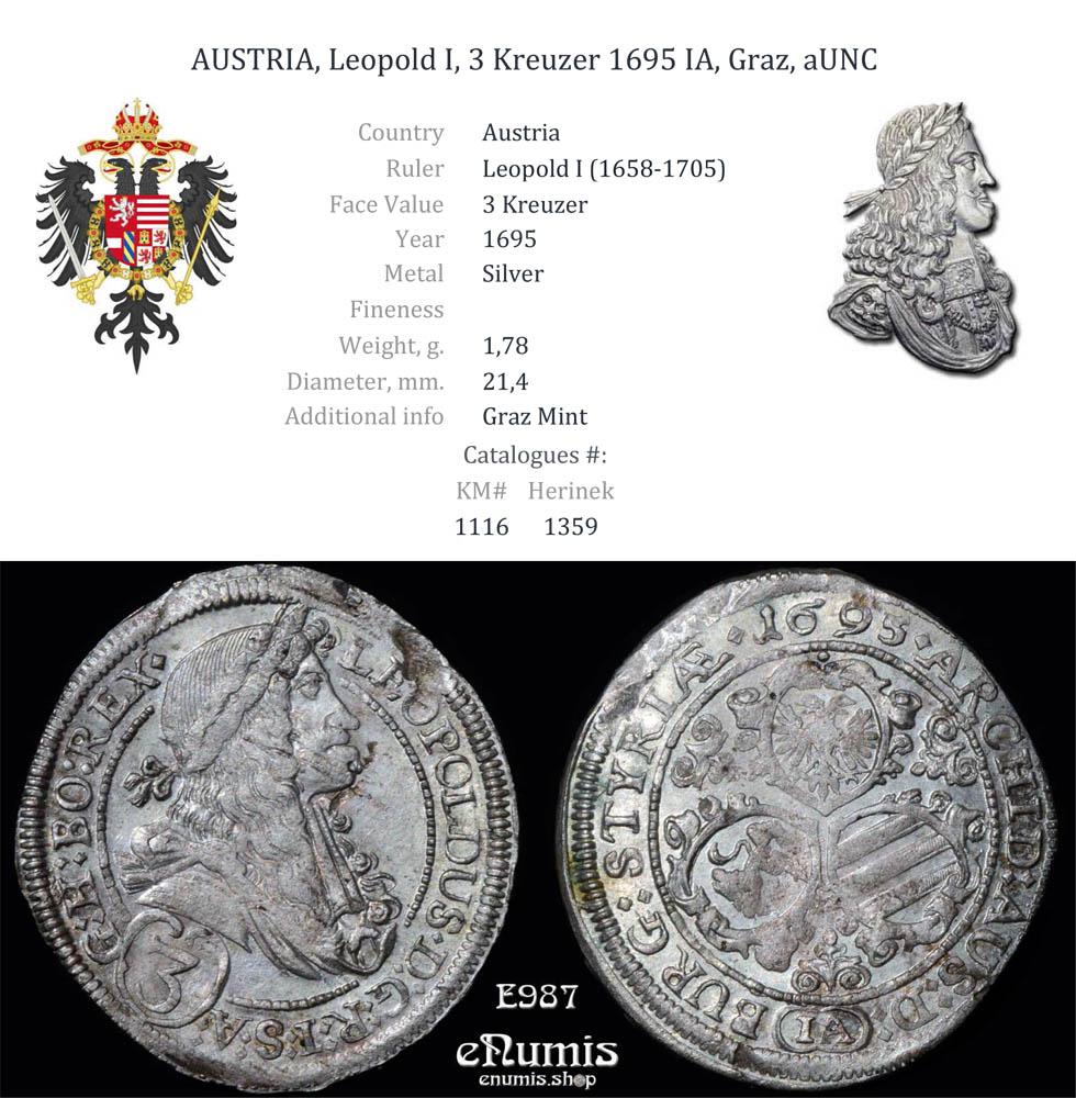 AUSTRIA, Leopold I, 3 Kreuzer 1695 IA, Graz, aUNC AUSTRIA, Leopold I, 3 Kreuzer 1695 IA, Graz, aUNC