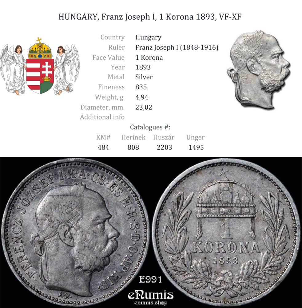 HUNGARY, Franz Joseph I, 1 Korona 1893, VF-XF