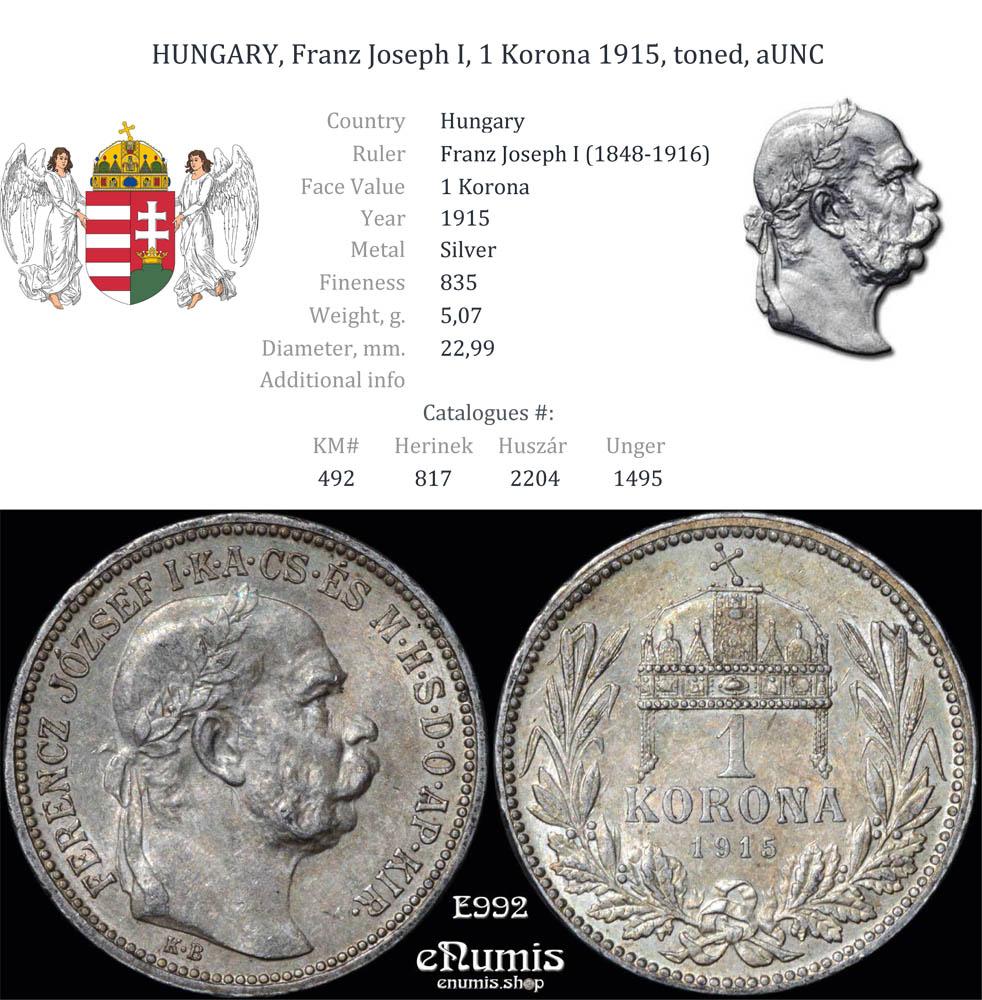 HUNGARY, Franz Joseph I, 1 Korona 1915, toned, aUNC