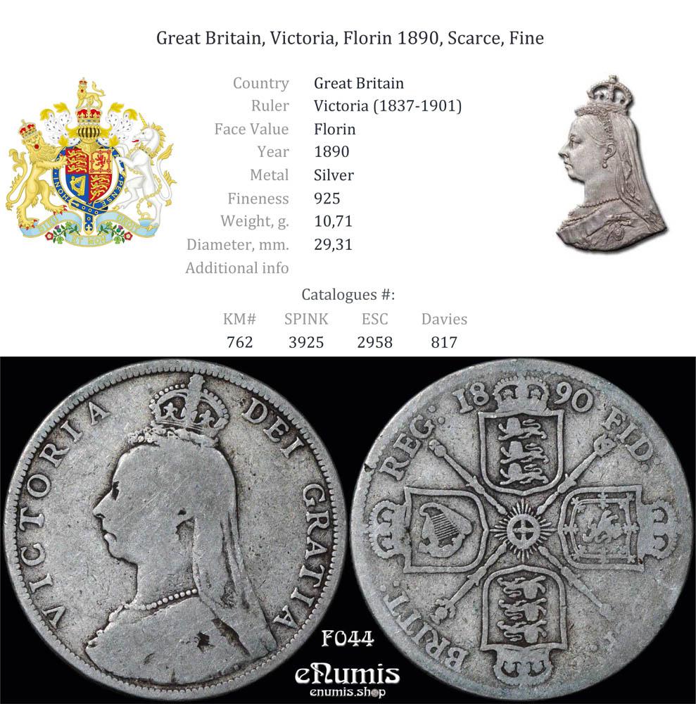 Great Britain, Victoria, Florin 1890, Scarce, Fine
