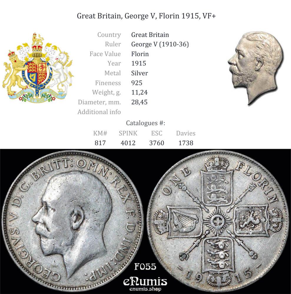 Great Britain, George V, Florin 1915, VF+