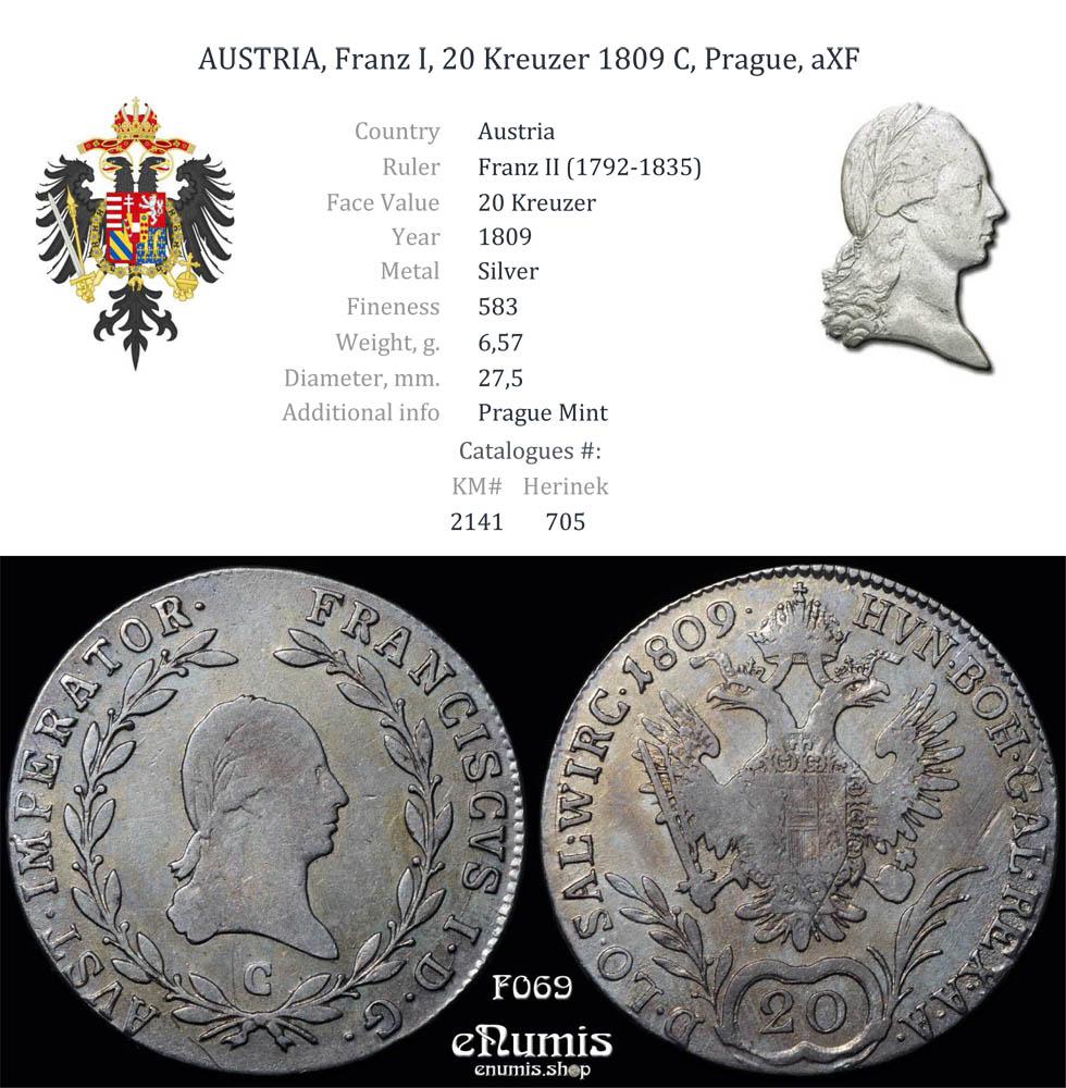 AUSTRIA, Franz I, 20 Kreuzer 1809 C, Prague, aXF AUSTRIA, Franz I, 20 Kreuzer 1809 C, Prague, aXF