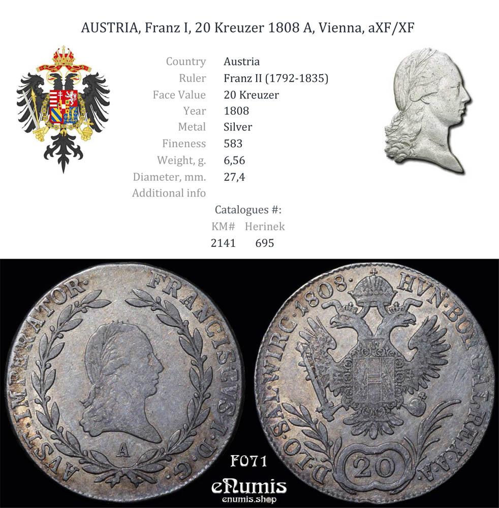 AUSTRIA, Franz I, 20 Kreuzer 1808 A, Vienna, aXF/XF