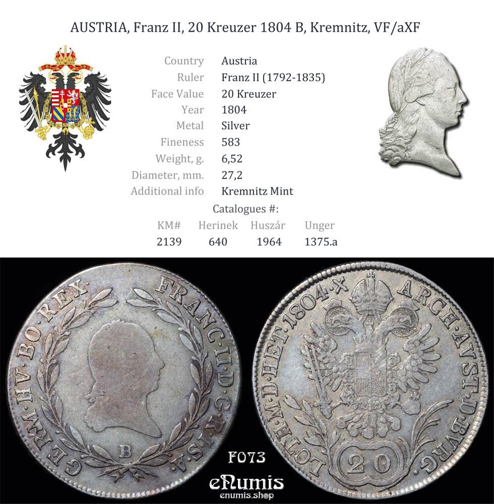 AUSTRIA, Franz II, 20 Kreuzer 1804 B, Kremnitz, VF/aXF AUSTRIA, Franz II, 20 Kreuzer 1804 B, Kremnitz, VF/aXF