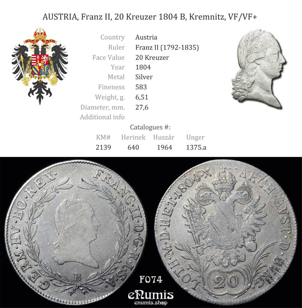 AUSTRIA, Franz II, 20 Kreuzer 1804 B, Kremnitz, VF/VF+