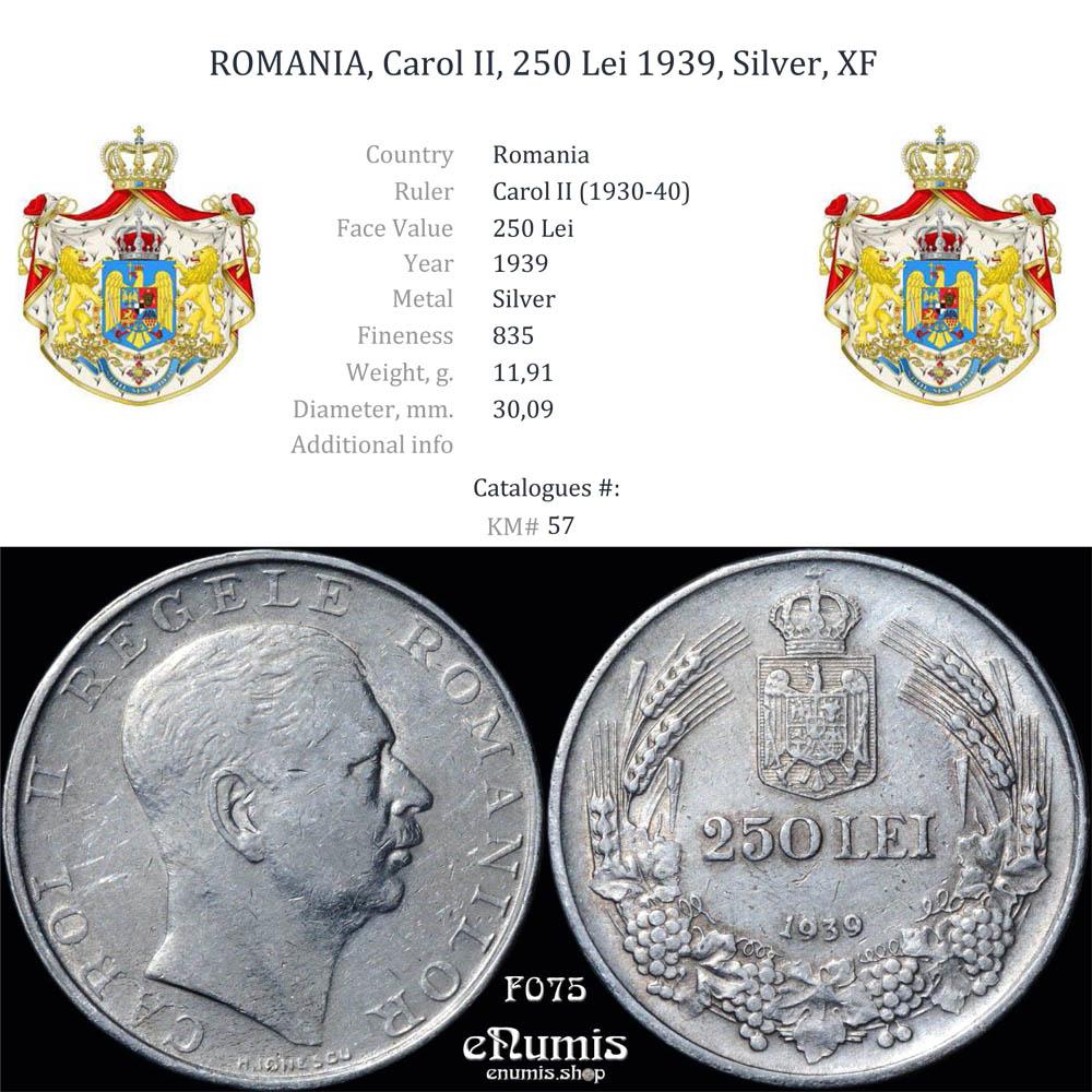 ROMANIA, Carol II, 250 Lei 1939, Silver, XF