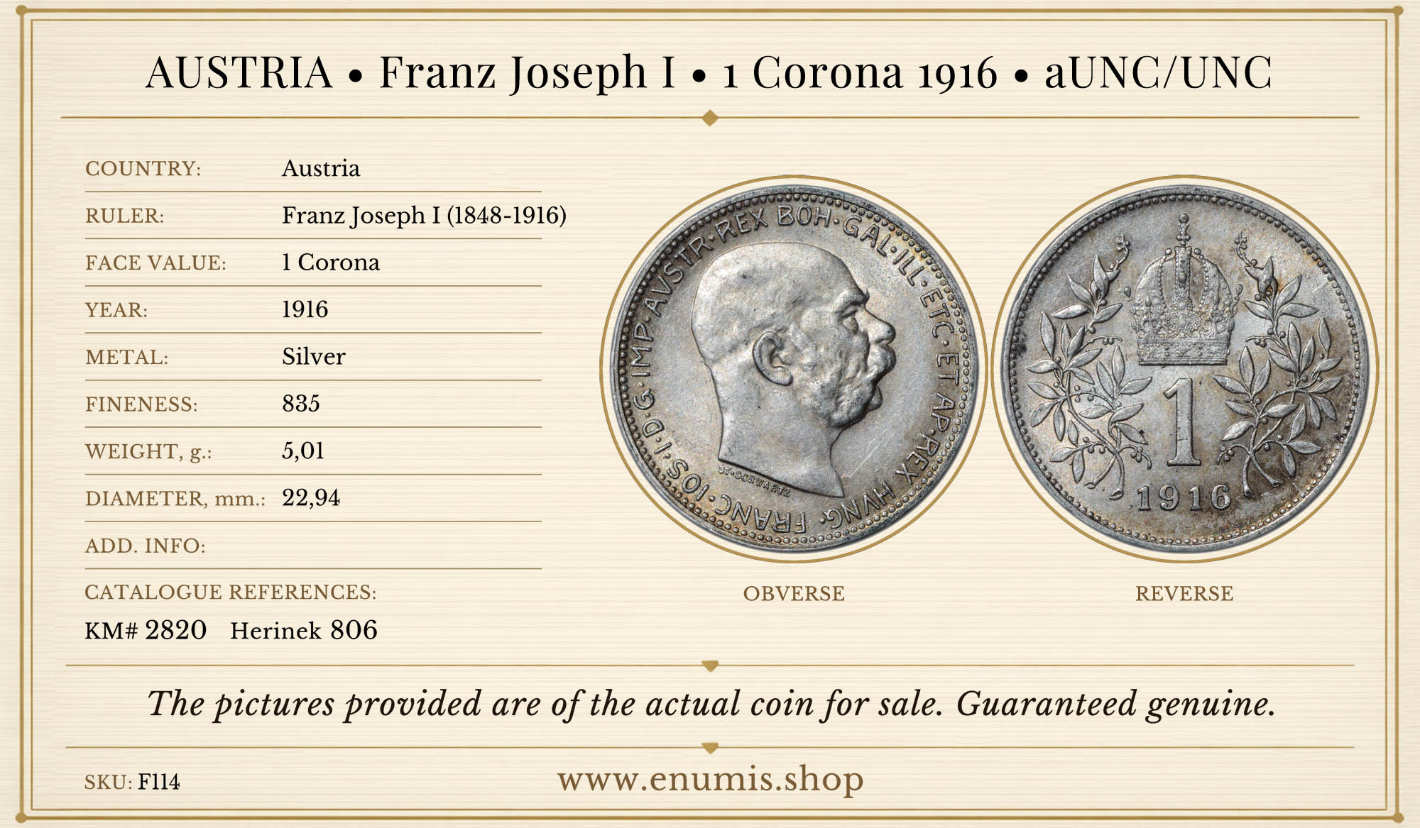 AUSTRIA, Franz Joseph I, 1 Corona 1916, aUNC/UNC