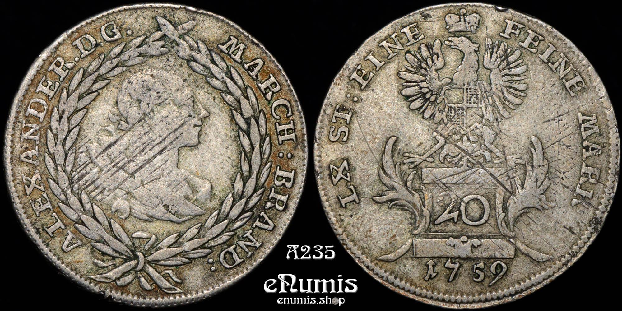 GERMANY Brandenburg Ansbach, Alexander, 20 Kreuzer 1759, VF
