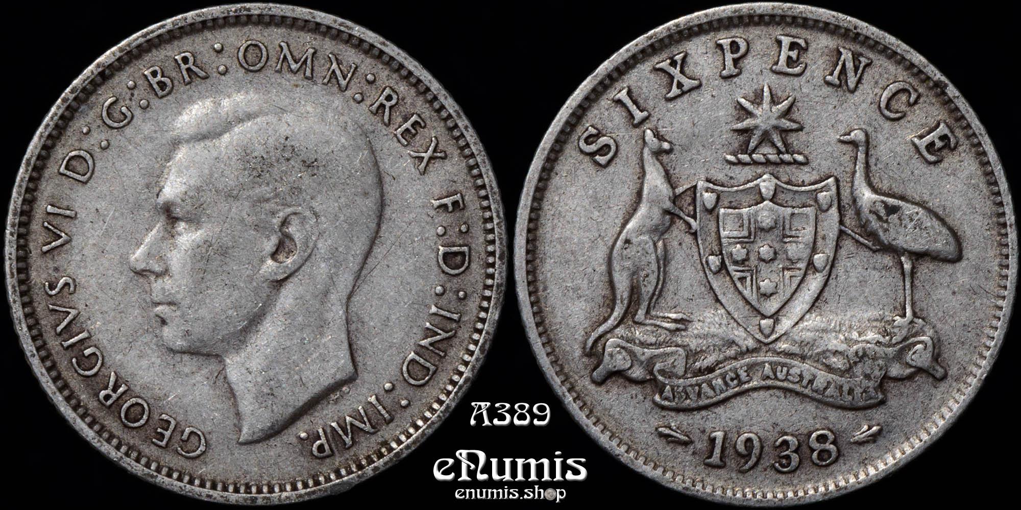 AUSTRALIA, George VI, 6 Pence 1938, VF