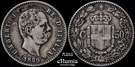 ITALY, Umberto I, 50 Centesimi 1889 R, Scarce, VF