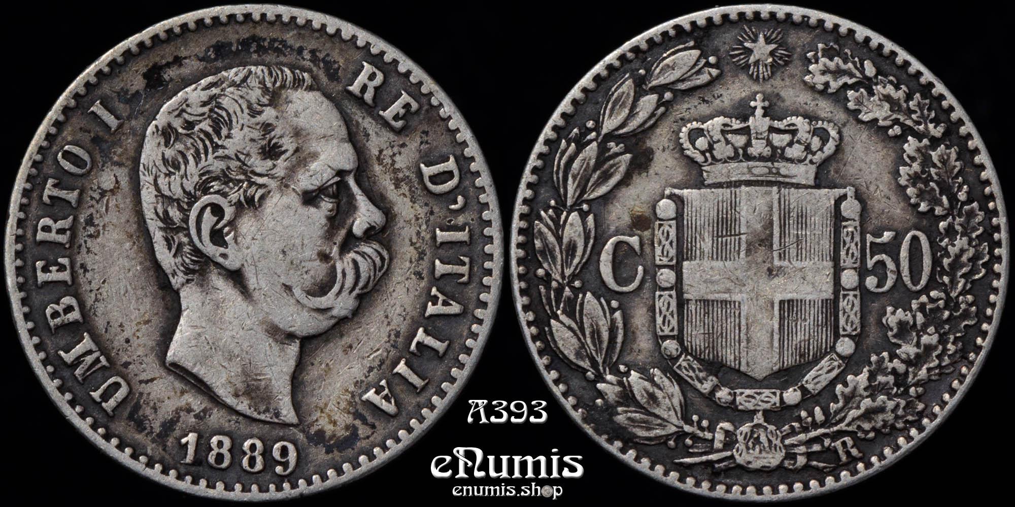 ITALY, Umberto I, 50 Centesimi 1889 R, Scarce, VF