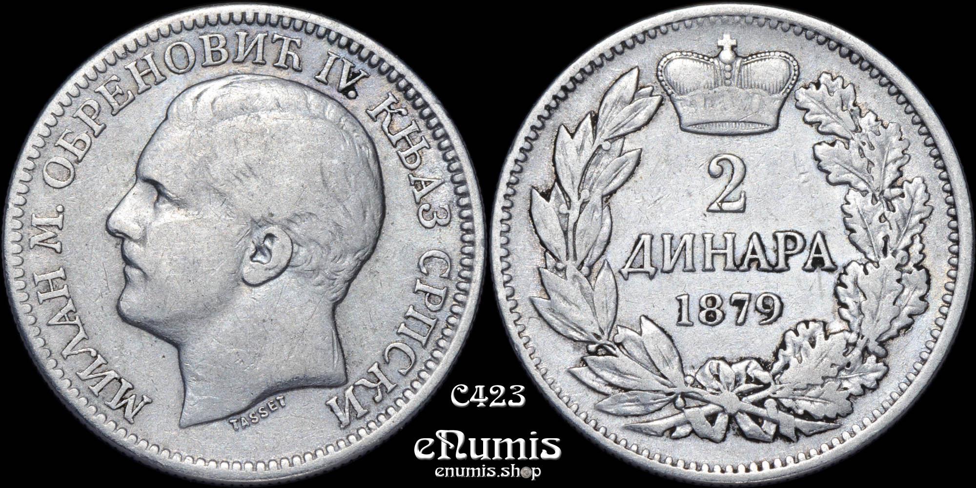SERBIA, Milan IV, 2 Dinara 1879, VF+