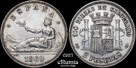 SPAIN, Provisional Government, 2 Pesetas 1869 SN-M, XF+