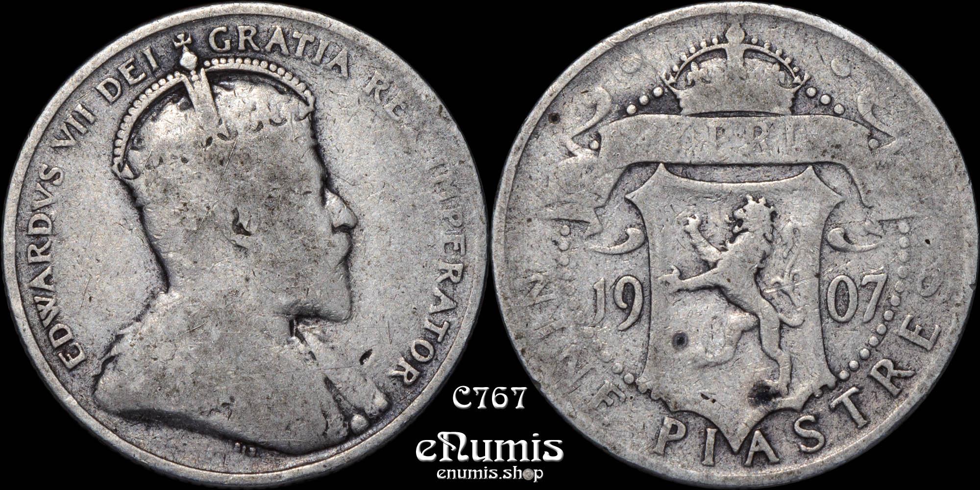 CYPRUS, Edward VII, 9 Piastres 1907, Rare, aVF