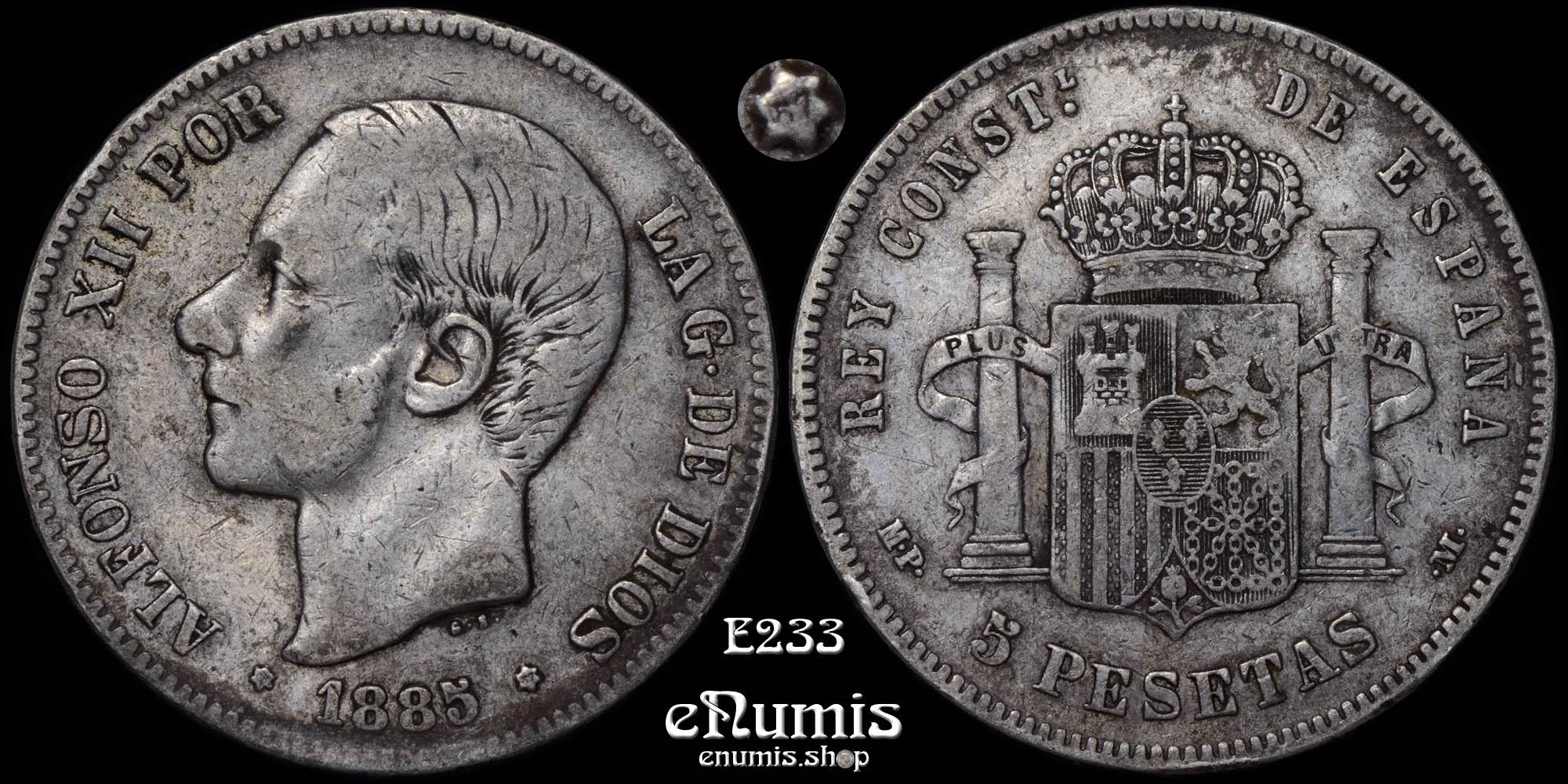 SPAIN, Alfonso XII, 5 Pesetas 1885 (1887) MP-M, Scarce, VF