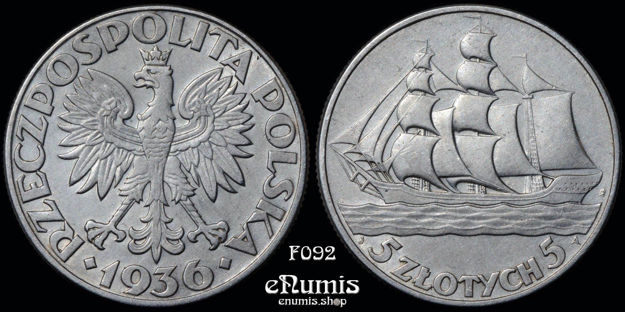 POLAND, 5 Zlotych 1936, Gdynia Seaport, XF+