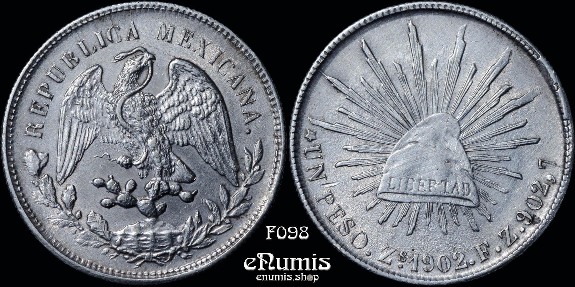 MEXICO, 1 Peso 1902 Zs FZ, Zacatecas, XF-UNC